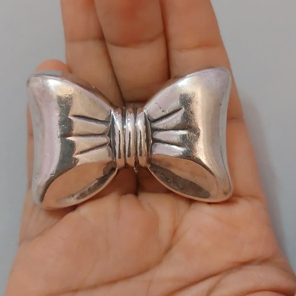 Vintage Antique 925 Sterling Silver Puffy Bow Brooch Pin or Pin Chunky Large - Picture 1 of 7